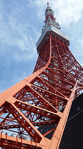 worm's-eye view photo of red tower during daytime thumbnail
