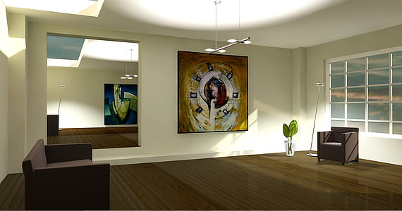 rectangular mirror near black sofa chair on brown parquet flooring thumbnail