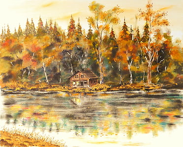 brown wooden house near body of water surrounded by brown leaf trees painting thumbnail