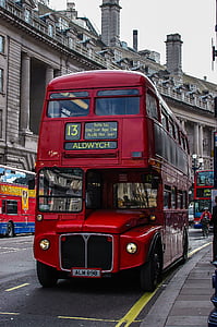 closeup photo of red and black 2-storey bus thumbnail