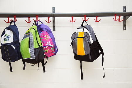 Backpacks Hanging On Hooks Photo thumbnail