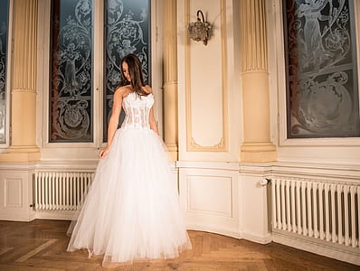 female wearing white mesh-top strapless sweetheart-neckline a-line wedding dress thumbnail
