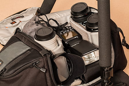 black and gray DSLR camera kit inside bag thumbnail