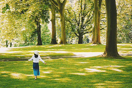 Woman walking in a tree-lined park thumbnail