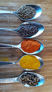 five gray steel spoons filled with condiments thumbnail