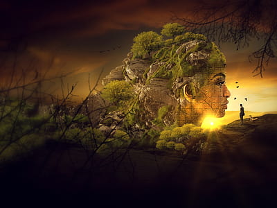 man standing near woman's face carved in stone overgrown with green plants digital wallpaper thumbnail
