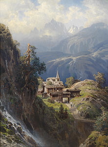 grey and brown villages on top of the hill painting thumbnail