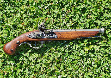 brown flintlock pistol on green grass thumbnail