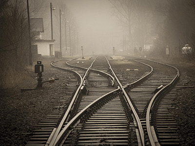 photo of foggy train railway near bare trees thumbnail