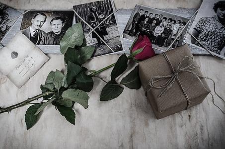 grayscale photography of red rose near box thumbnail
