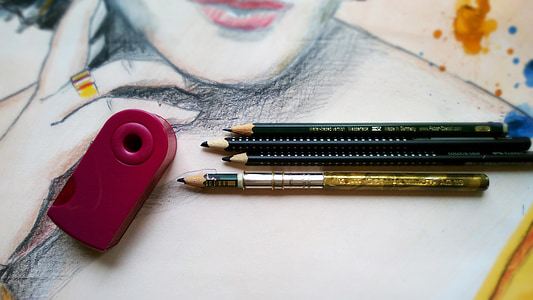 four pencils near red sharpener on canvas thumbnail