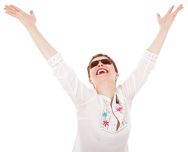 laughing woman in white and red floral long-sleeved shirt thumbnail