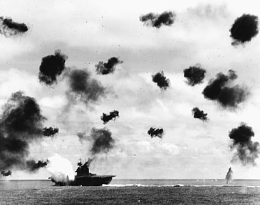 USS Yorktown being hit by a Torpedo during World War II, battle of Midway thumbnail