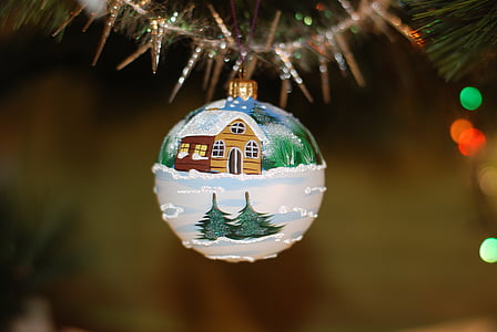 house on snow terrain graphic print Christmas bauble thumbnail