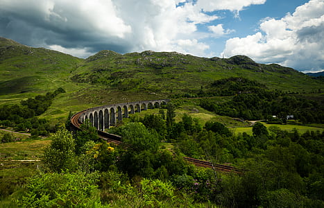 aerial view photography of train track under cloudy sky thumbnail