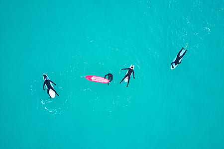 aerial photography of four people lying and swimming beside surfboards during daytime thumbnail