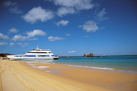 white ship on seashore thumbnail
