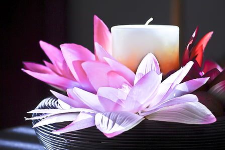selective focus photography of white pillar candle with purple lily flowers accent thumbnail