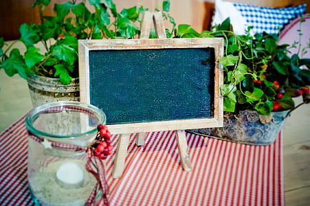 clear brown wooden-framed chalkboard near black and white metal planters with green leafed plants thumbnail