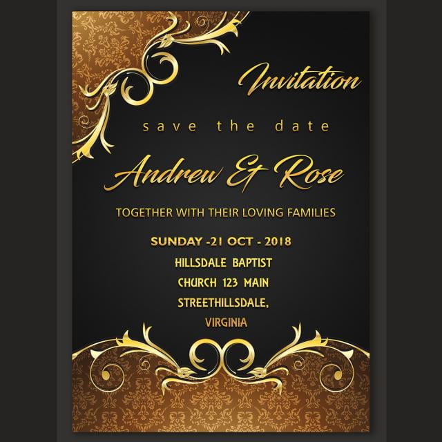 Wedding invitation card design template with gold floral frame psd file