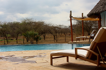 close up photo of wicker brown padded sun lounge and swimming pool during daytime thumbnail