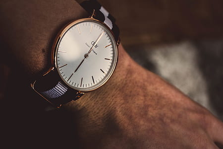 person wearing round gold-colored analog watch thumbnail