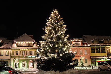 pre-lit Christmas tree in front of house thumbnail