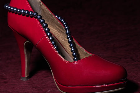 beaded accessory on red heeled pump thumbnail