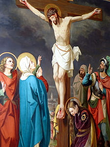 Jesus Christ died on the cross painting with brown wooden frame thumbnail