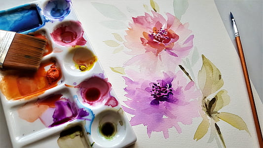 pink and purple peonies painting beside paintbrush thumbnail