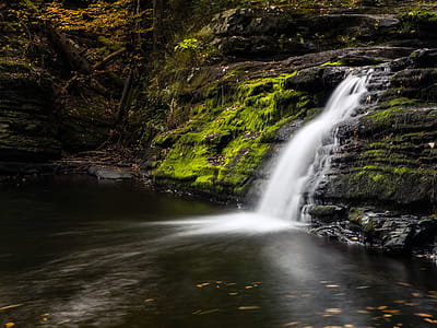 Factory Falls - as viewed at the bottom of the lower falls - is one of three main waterfalls at George W. Childs Recreation Site in Dingmans Ferry, PA, within the Delaware water Gap National Recreation. thumbnail