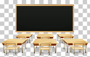 Classroom Student , School Classroom with Blackboard and Desks , illustration of six brown tables with chairs and one black frame chalkboard PNG clipart