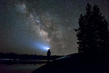 silhouette of man looking up in the starry skies thumbnail