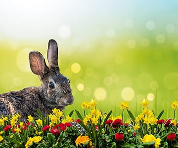 brown rabbit on flower field closeup photo thumbnail