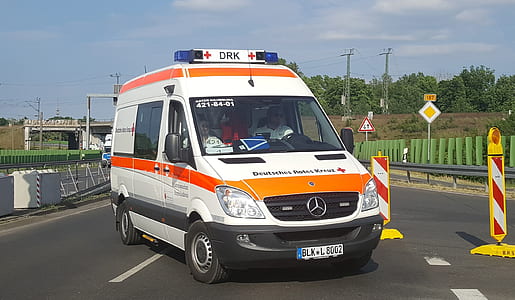 white and orange Mercedes-Benz Sprinter van parked on road thumbnail