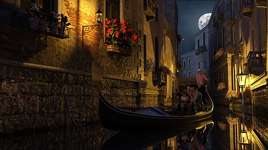 couple sitting on canoe boat between of houses thumbnail