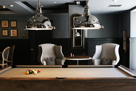 two silver-colored pool lamp and brown pool table thumbnail