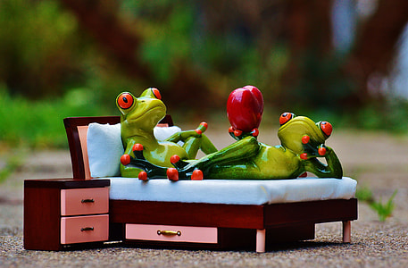 selective focus photo of two green frog ceramic figurines on brown wooden bed near nightstand miniatures thumbnail
