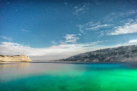 body of water, blue sky and mountains landscape photography thumbnail