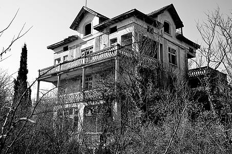 grayscale photography of 3-storey house near trees thumbnail