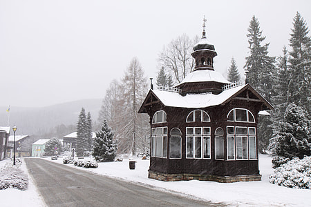 black and white wooden house near road and trees thumbnail