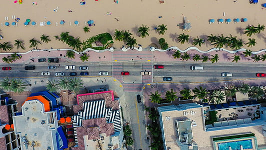 high-angle photo of vehicles on road between high buildings and beach at daytie thumbnail