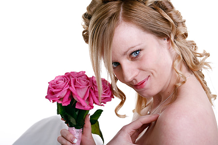 woman holding pink rose bouquet thumbnail
