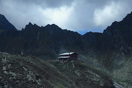 white-roofed house behind high mountains under cloudy sky thumbnail