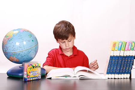 boy wearing red polo shirt reading a book thumbnail