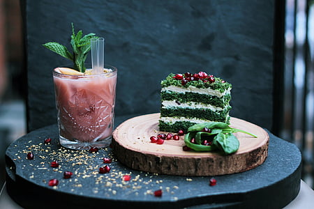 macha cake on top of wood slab plate thumbnail
