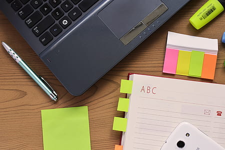 desk, laptop, notebook, pen thumbnail