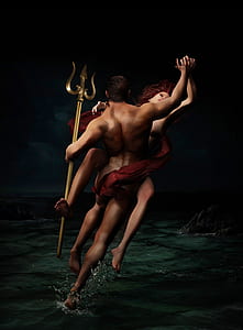 woman and man holding trident on body of water illustration thumbnail