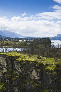 tree, cloud, rock, cliff, hill, river thumbnail