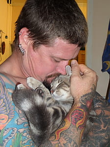 man hugging two brown tabby cats thumbnail